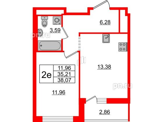 Квартира в ЖК ЦДС Новые горизонты-2, 1 комнатная, 35.21 м², 17 этаж