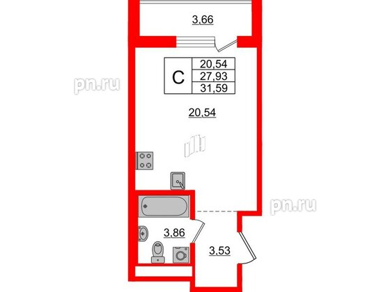 Квартира в ЖК ЦДС Новые горизонты-2, студия, 27.93 м², 6 этаж