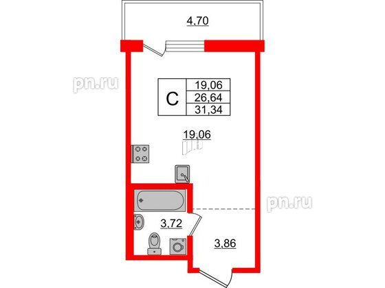 Квартира в ЖК ЦДС Новые горизонты-2, студия, 26.64 м², 19 этаж