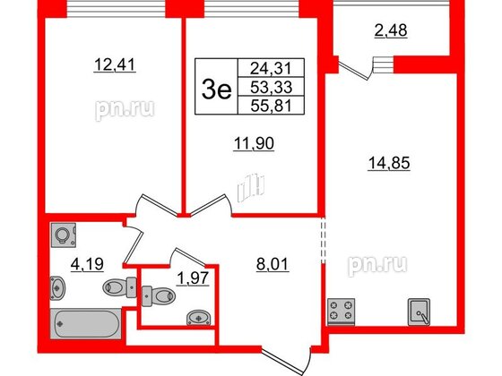 Квартира в ЖК ЦДС Новые горизонты-2, 2 комнатная, 53.33 м², 20 этаж