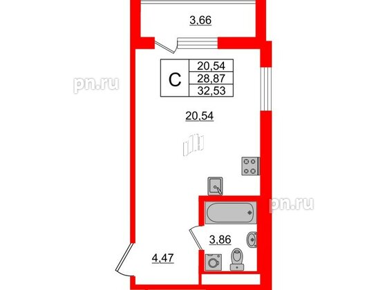 Квартира в ЖК ЦДС Новые горизонты-2, студия, 28.87 м², 7 этаж