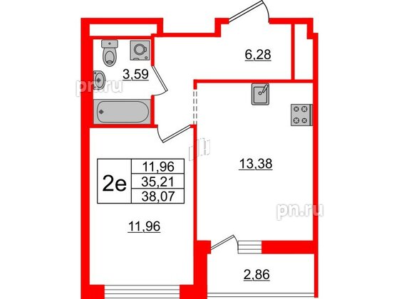 Квартира в ЖК ЦДС Новые горизонты-2, 1 комнатная, 35.21 м², 13 этаж