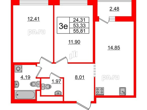 Квартира в ЖК ЦДС Новые горизонты-2, 2 комнатная, 53.33 м², 16 этаж