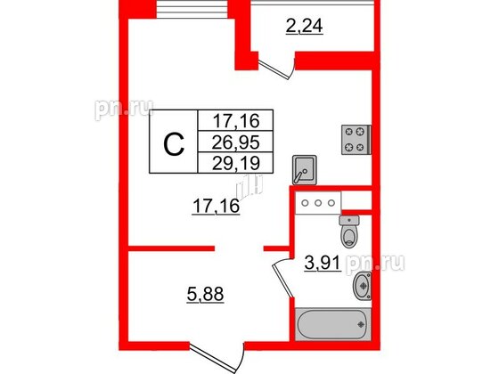 Квартира в ЖК ЦДС Новые горизонты-2, студия, 26.95 м², 15 этаж