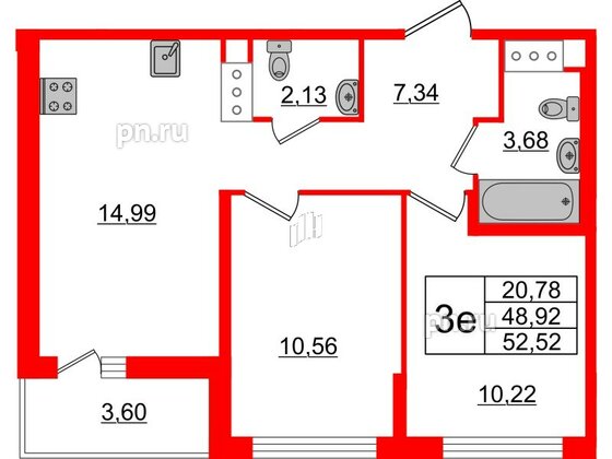 Квартира в ЖК ЦДС Новые горизонты-2, 2 комнатная, 48.92 м², 15 этаж