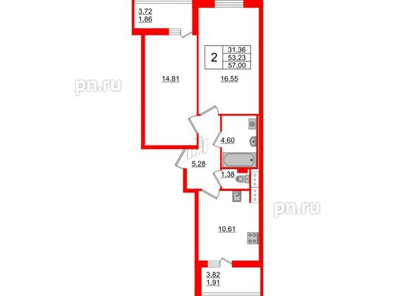 Квартира в ЖК 'Чкалов', 2 комнатная, 57 м², 7 этаж