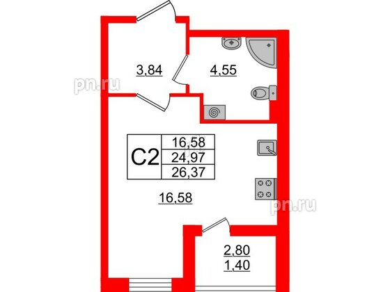 Квартира в ЖК 'Чкалов', студия, 26.37 м², 2 этаж