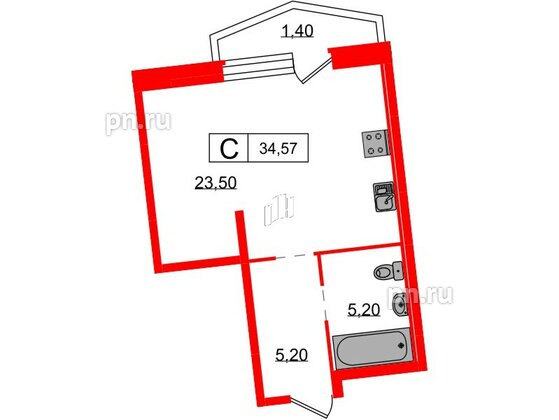 Квартира в ЖК 'Звёзды Столиц', студия, 33.9 м², 2 этаж