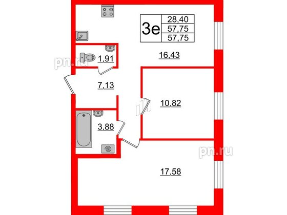 Квартира в ЖК ID Парк Победы, 2 комнатная, 57.75 м², 2 этаж