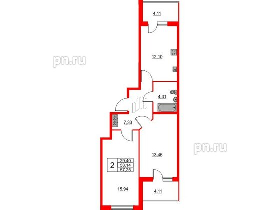 Квартира в ЖК Новоантропшино, 2 комнатная, 57.25 м², 1 этаж