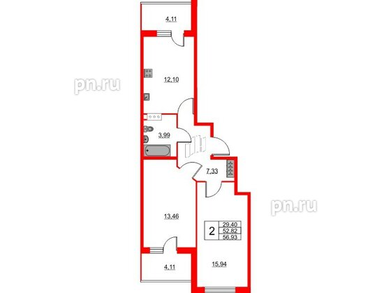 Квартира в ЖК Ново-Антропшино, 2 комнатная, 56.93 м², 2 этаж