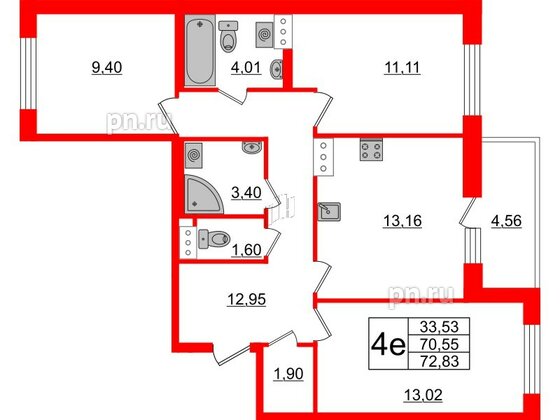 Квартира в ЖК ID Кудрово, 3 комнатная, 72.83 м², 10 этаж