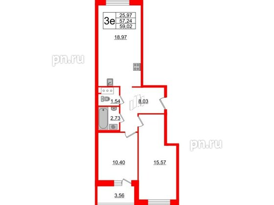 Квартира в ЖК ID Кудрово, 2 комнатная, 59.02 м², 5 этаж