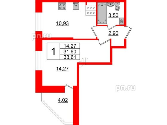 Квартира в ЖК Живи в Рыбацком, 1 комнатная, 33.61 м², 3 этаж