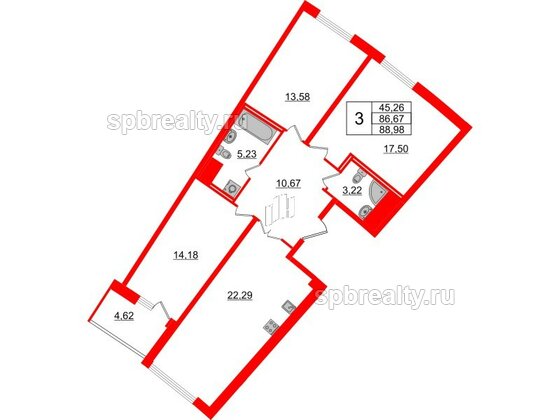 Квартира в ЖК Морская набережная.SeaView 2, 3 комнатная, 88.98 м², 5 этаж