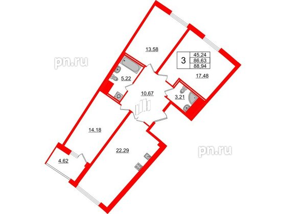 Квартира в ЖК Морская набережная.SeaView 2, 3 комнатная, 88.94 м², 11 этаж