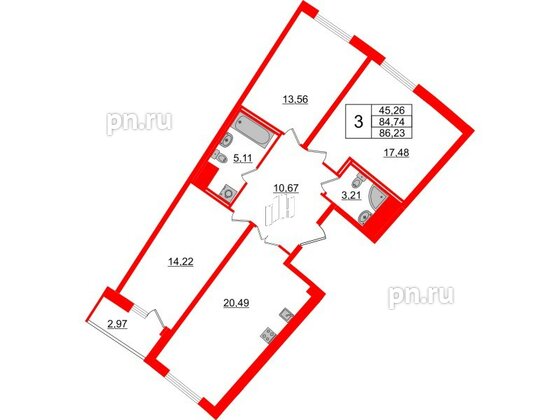 Квартира в ЖК Морская набережная.SeaView 2, 3 комнатная, 86.23 м², 13 этаж