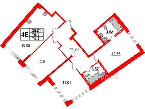 Квартира в ЖК Морская набережная.SeaView 2, 3 комнатная, 75.11 м², 2 этаж