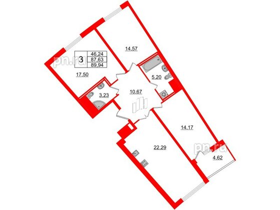 Квартира в ЖК Морская набережная.SeaView 2, 3 комнатная, 89.94 м², 3 этаж