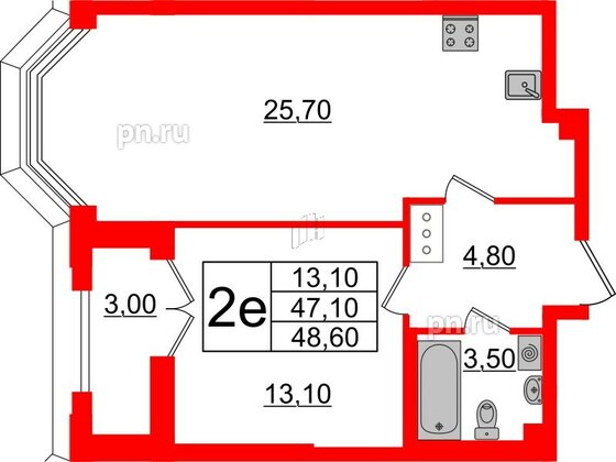 Квартира в ЖК Цивилизация на Неве, 1 комнатная, 48.6 м², 12 этаж