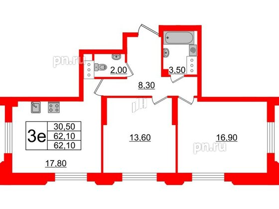 Квартира в ЖК Цивилизация на Неве, 2 комнатная, 62.1 м², 5 этаж