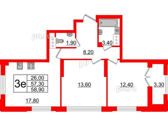 Квартира в ЖК Цивилизация на Неве, 2 комнатная, 58.9 м², 18 этаж