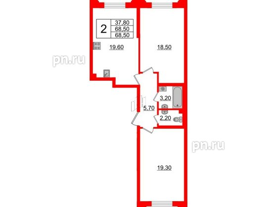 Квартира в ЖК Цивилизация на Неве, 2 комнатная, 68.5 м², 2 этаж