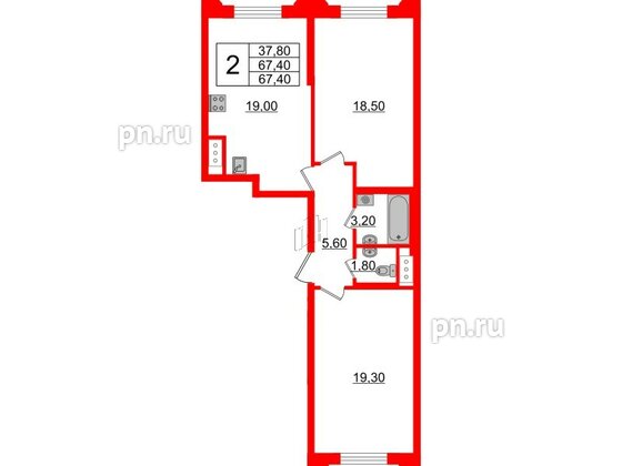 Квартира в ЖК Цивилизация на Неве, 2 комнатная, 67.4 м², 3 этаж