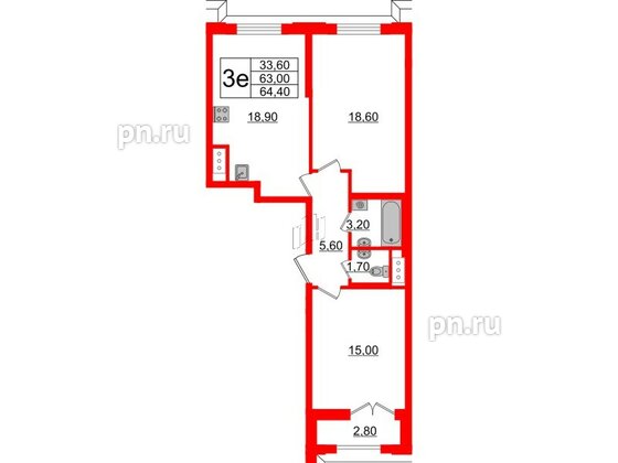 Квартира в ЖК Цивилизация на Неве, 2 комнатная, 64.4 м², 15 этаж