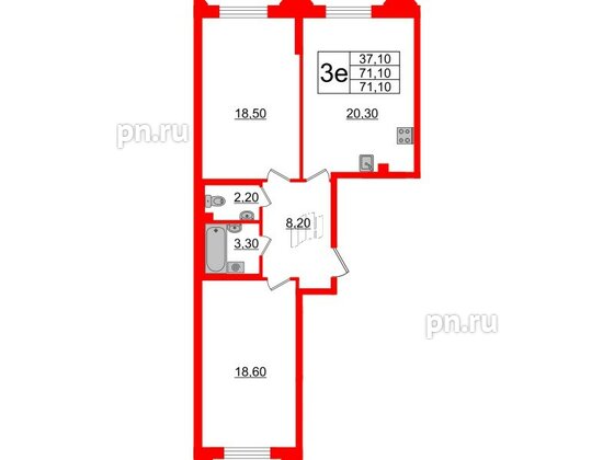 Квартира в ЖК Цивилизация на Неве, 2 комнатная, 71.1 м², 2 этаж