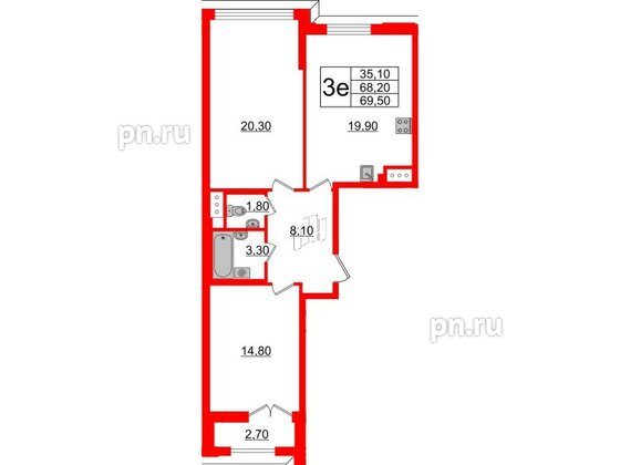 Квартира в ЖК Цивилизация на Неве, 2 комнатная, 69.5 м², 11 этаж