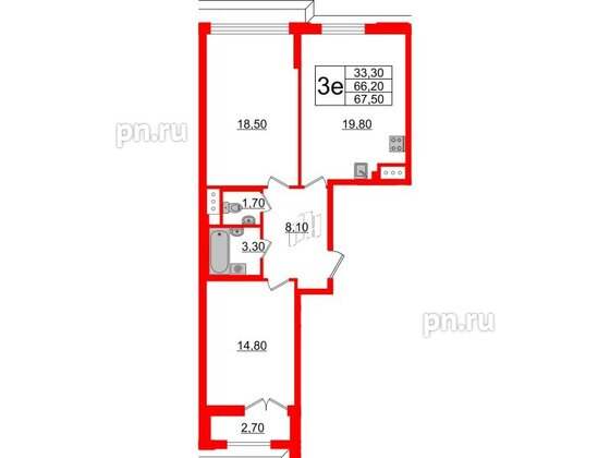 Квартира в ЖК Цивилизация на Неве, 2 комнатная, 67.5 м², 15 этаж