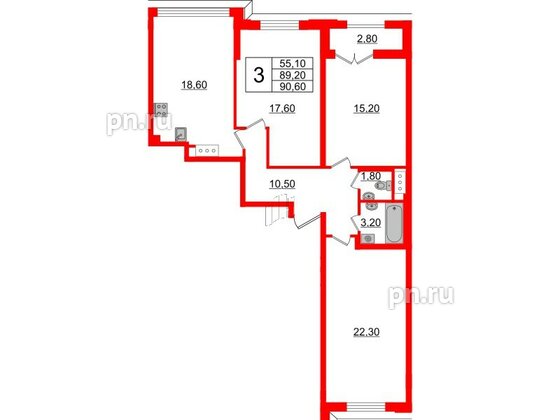 Квартира в ЖК Цивилизация на Неве, 3 комнатная, 90.6 м², 6 этаж