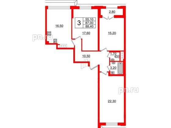 Квартира в ЖК Цивилизация на Неве, 3 комнатная, 88.4 м², 14 этаж