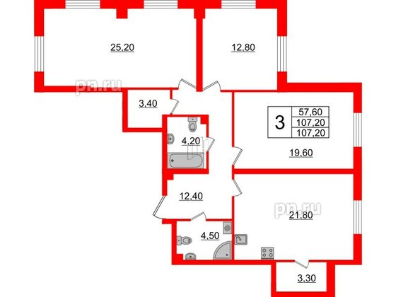 Квартира в ЖК Цивилизация на Неве, 3 комнатная, 105.2 м², 2 этаж