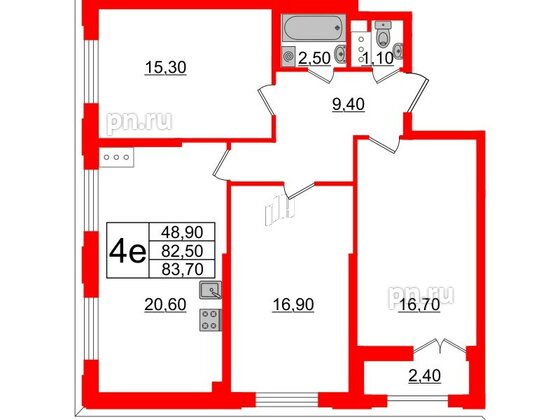 Квартира в ЖК Цивилизация на Неве, 3 комнатная, 83.7 м², 6 этаж