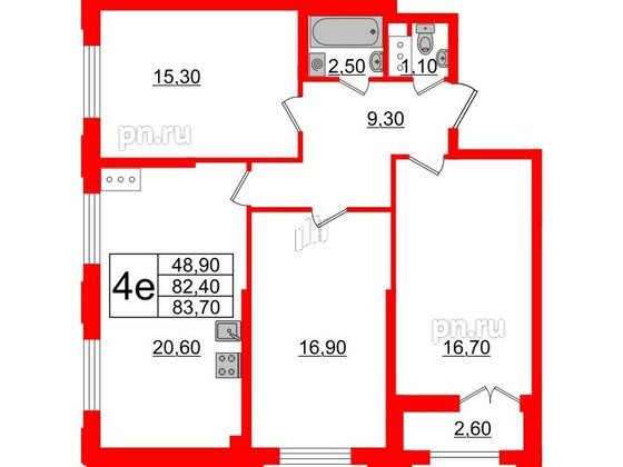 Квартира в ЖК Цивилизация на Неве, 3 комнатная, 83.7 м², 9 этаж