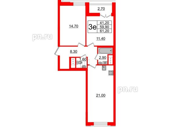 Квартира в ЖК Цивилизация на Неве, 2 комнатная, 61.2 м², 19 этаж