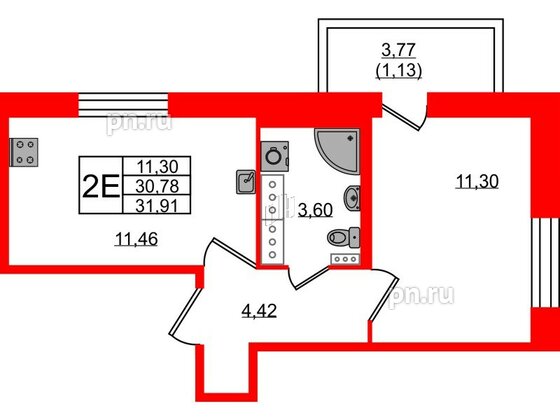 Квартира в ЖК Новое Колпино, 1 комнатная, 31.91 м², 6 этаж