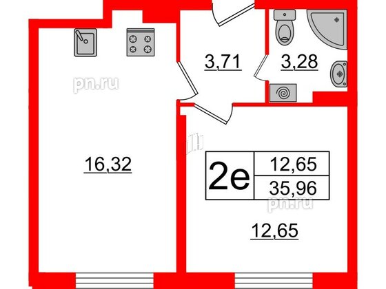 Квартира в ЖК Верево Сити, 1 комнатная, 35.96 м², 4 этаж