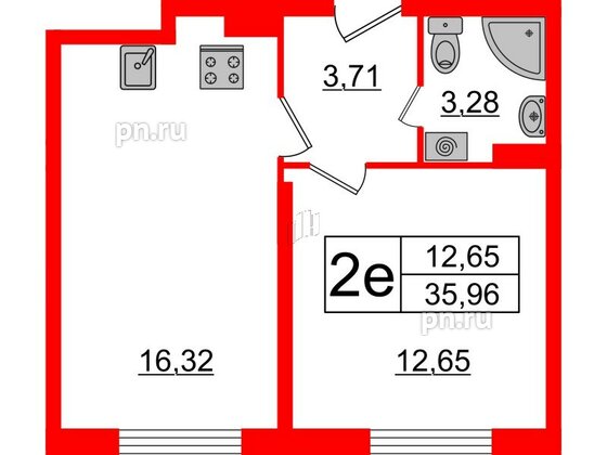 Квартира в ЖК Верево Сити, 1 комнатная, 35.96 м², 4 этаж