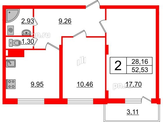 Квартира в ЖК Верево Сити, 2 комнатная, 52.53 м², 4 этаж