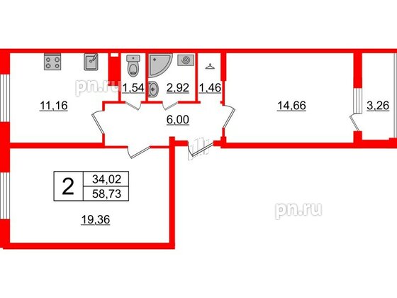 Квартира в ЖК Верево Сити, 2 комнатная, 58.73 м², 4 этаж