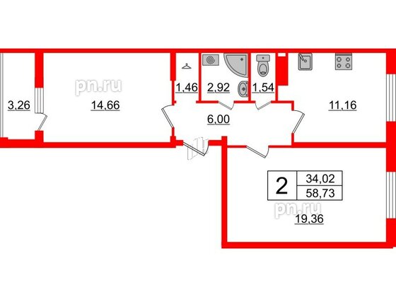 Квартира в ЖК Верево Сити, 2 комнатная, 58.73 м², 4 этаж