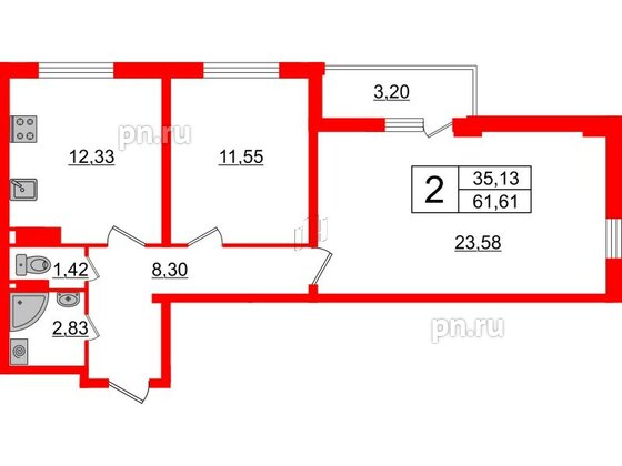 Квартира в ЖК Верево Сити, 2 комнатная, 61.61 м², 4 этаж