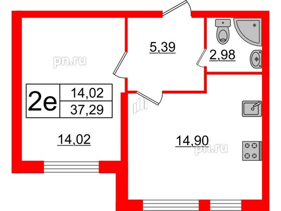 Квартира в ЖК Верево Сити, 1 комнатная, 37.29 м², 1 этаж