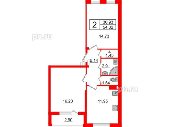 Квартира в ЖК Верево Сити, 2 комнатная, 55.62 м², 4 этаж