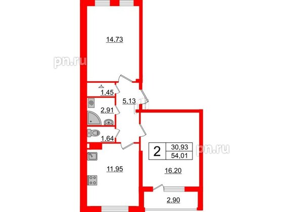 Квартира в ЖК Верево Сити, 2 комнатная, 55.61 м², 4 этаж