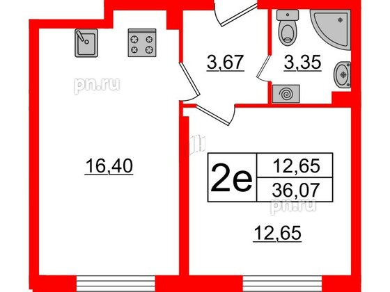 Квартира в ЖК Верево Сити, 1 комнатная, 36.07 м², 3 этаж