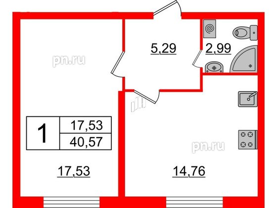 Квартира в ЖК Верево Сити, 1 комнатная, 40.57 м², 1 этаж